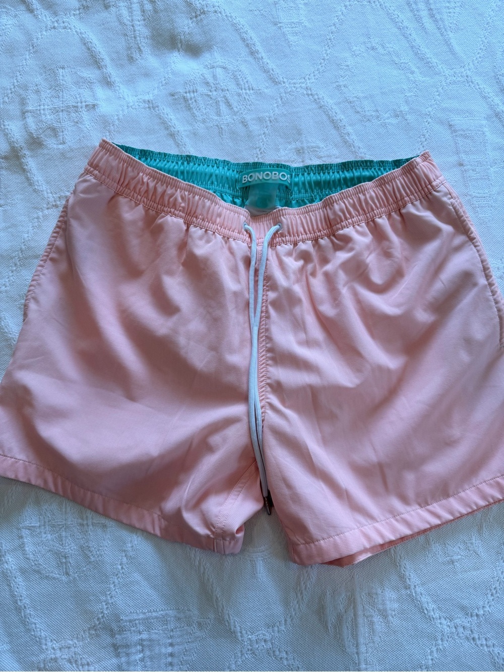 Bonobos Light Pink/peach Swim Trunks with Teal Waistband